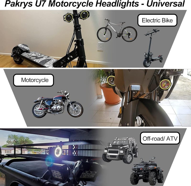 PAKRYS Motorcycle LED Fog Lights U7 Spotlight with High Low Strobe Beam Halo Rings White Central with U7 LED Running DRL Switches Clamps Universal Spotlights Driving Lights 2 Packs - Image 2